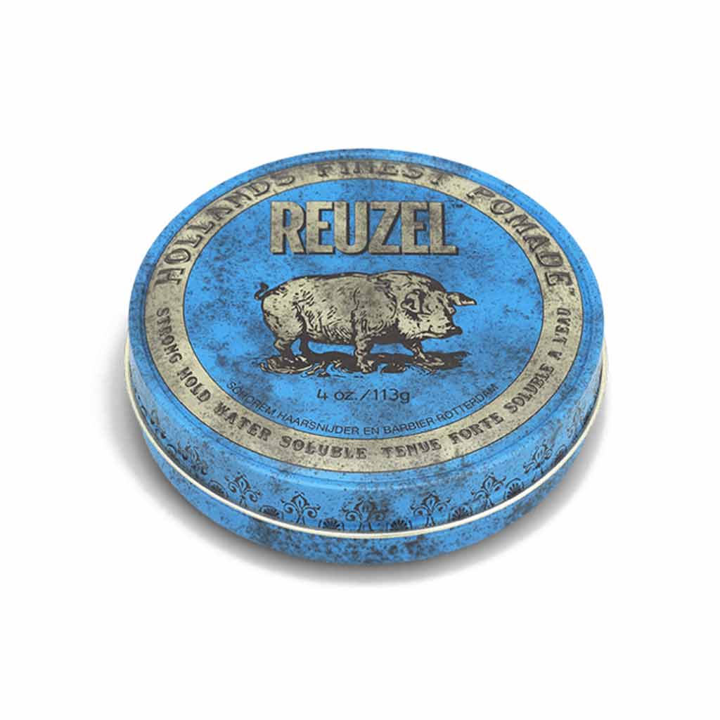 This is the reuzel_blue_pomade-STRONG HOLD_HIGH SHINE_WATER SOLUBLE Pomade-level8 hold pomade-level 8 shine pomade-applying pomade pomade for curly hair mens